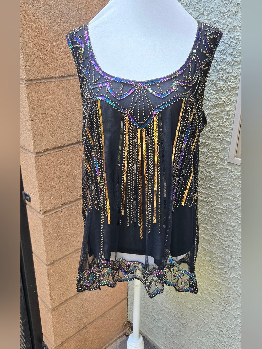 Beaded Black Fringe Evening Tank Top